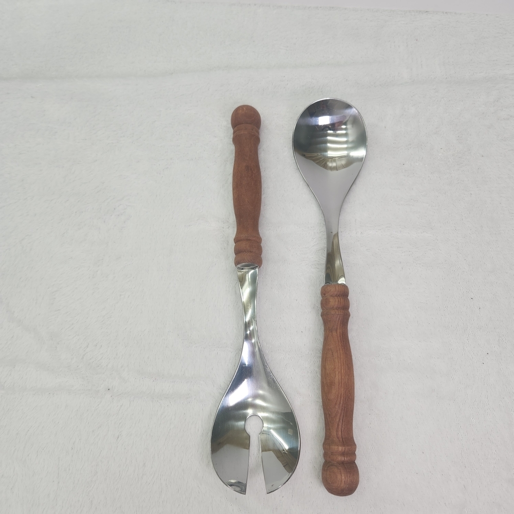Vintage Wooden Handle Stainless Steel Salad Server Set 11"